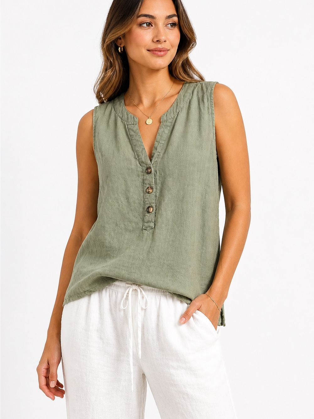 Harve Benard Olive Linen Button-Front Sleeveless Top SzXL Garden Top Minimalist